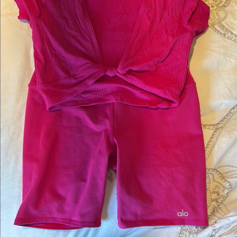 Alo Pink Ribbed Top and Shorts Set